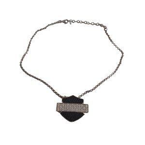 Vtg .925 Silver Black Crystal Studded Harley Davidson Emblem Necklace 19" Chain
